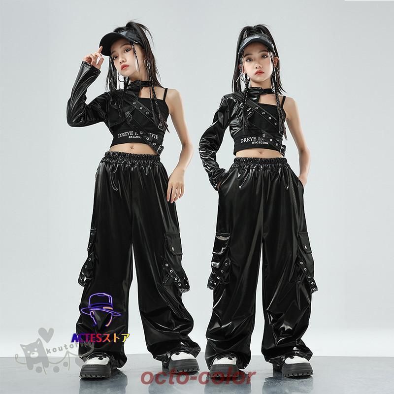 ダンス衣装 k-pop衣装 ヒップホップ ブラックインナー 黒レザーワンショルダー カーゴパンツ へそ出し キッズ ガールズ 女の子 セットアップ 派手 K-POP 韓国 ZYP31秋冬