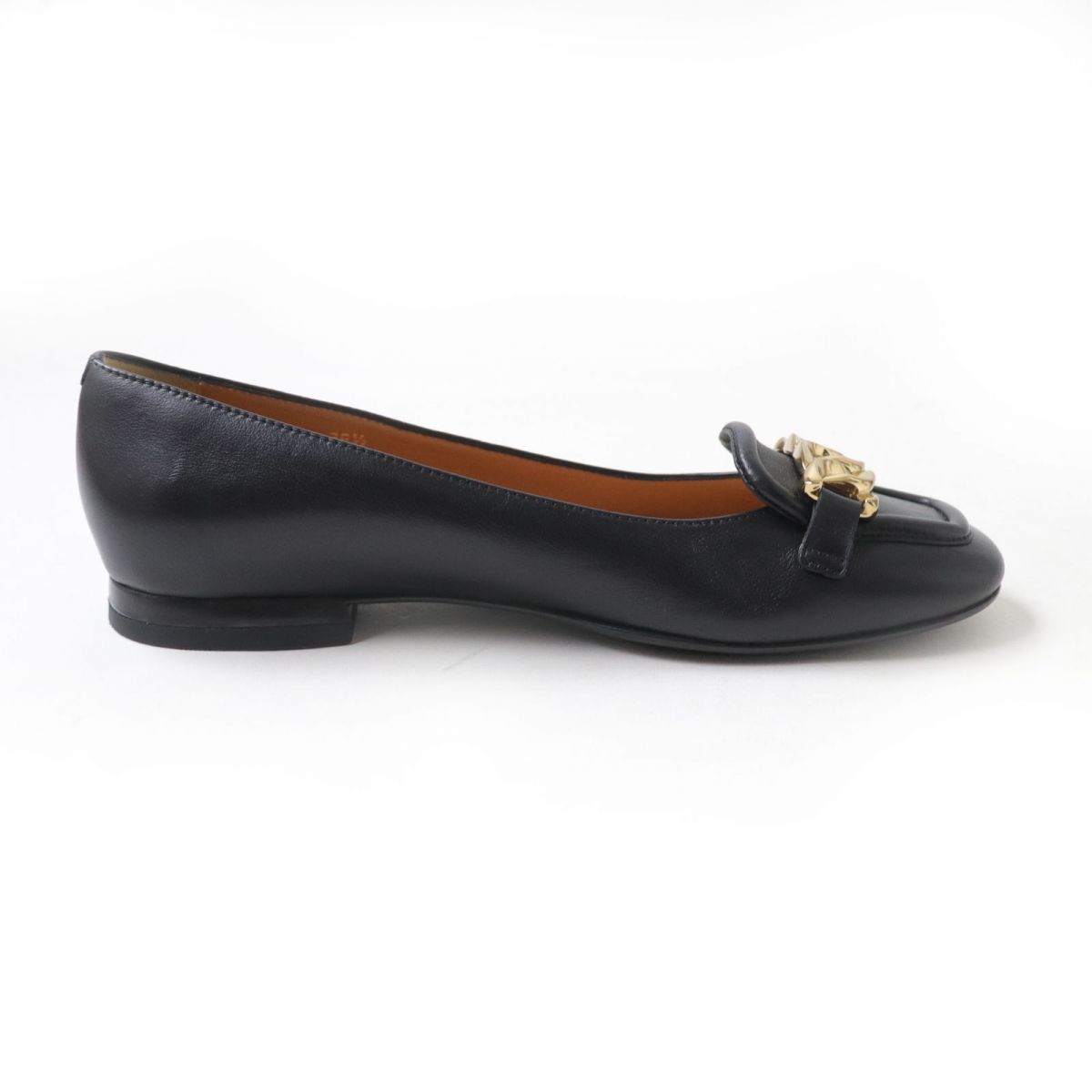 極美品 トッズ 35.5 メタルチェーン スクエアトゥ フラットシューズ 黒金 極美品☆TOD'S トッズ メタルチェーン スクエアトゥ レザーシューズ