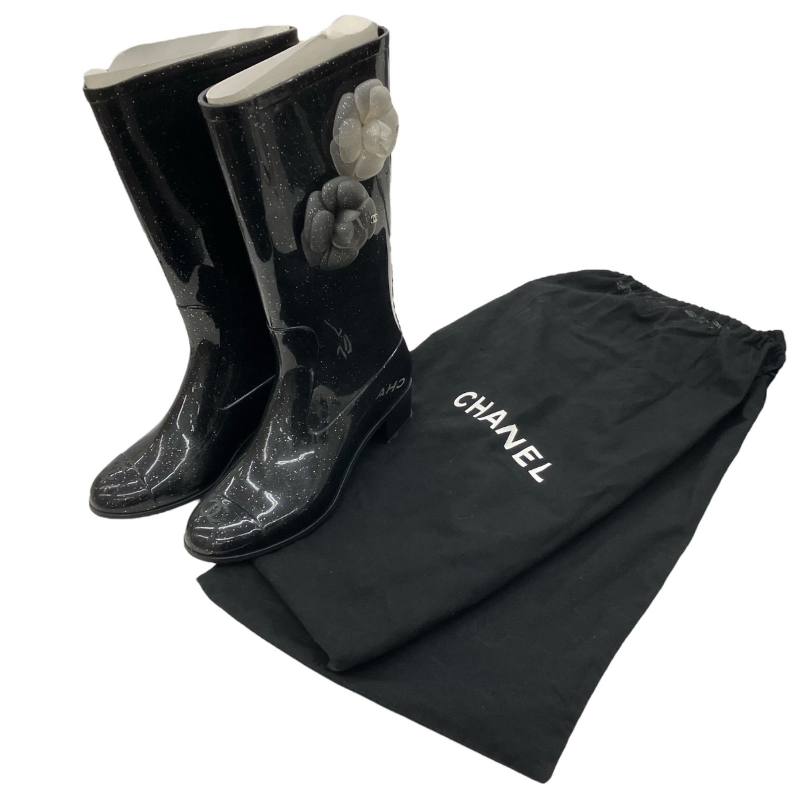 【即納！】186005　収納ケース付き☆　現状品　CHANEL シャネル　レインブーツ　レディース　36サイズ　ブラック　カメリア　ココマーク　ラメ入り 水に強い