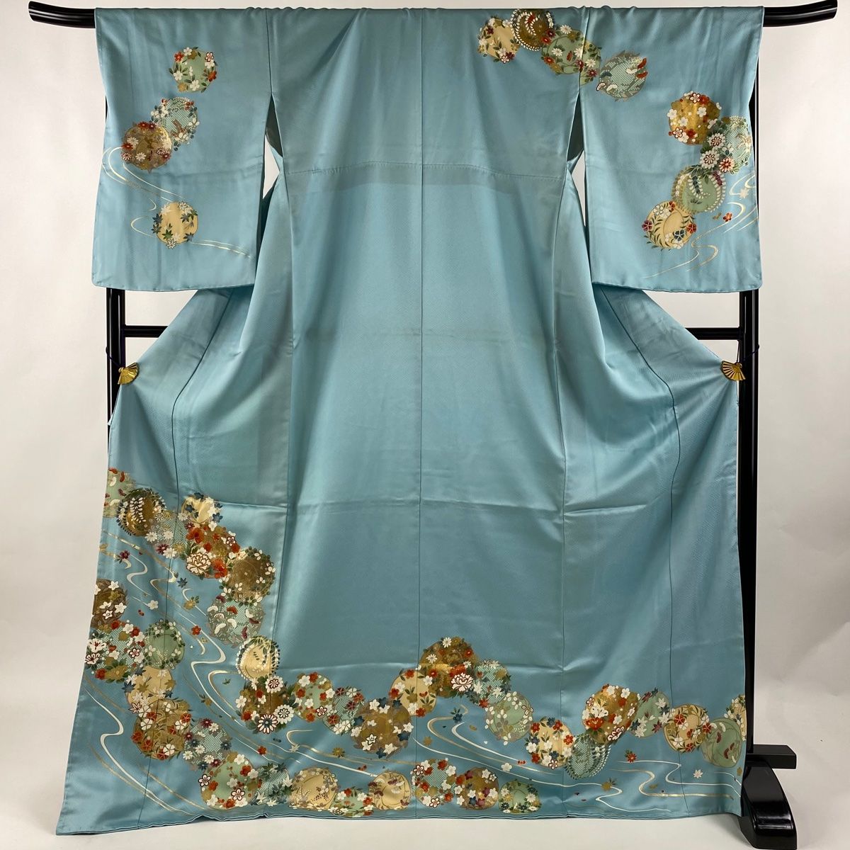 訪問着 身丈173cm 裄丈69.5cm L 袷 花丸文 金銀彩 水色 正絹 名品-