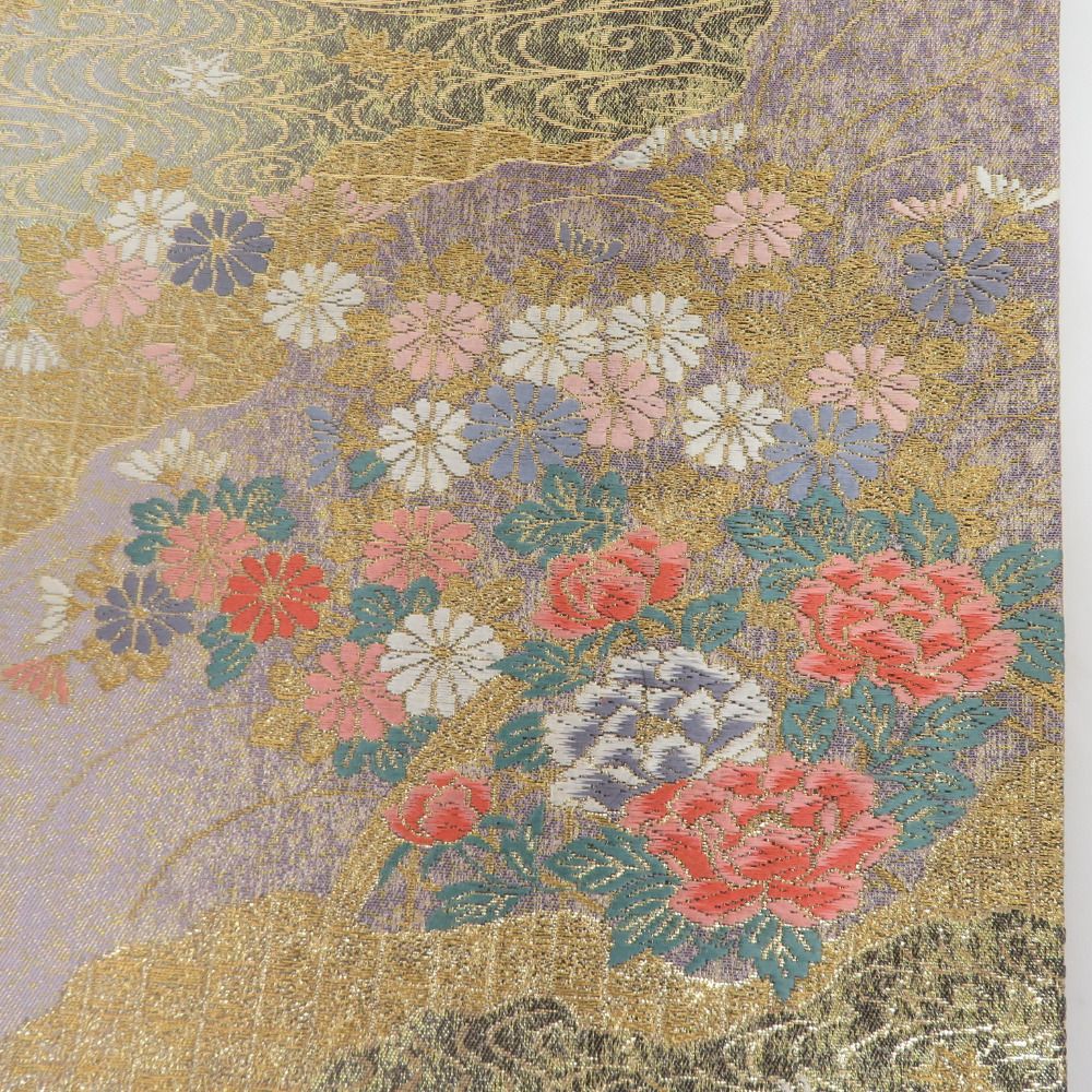 C 美品 流れに花模様 金糸 六通 正絹 薄物 夏用 絽 紗 フォーマルな袋帯 C 美品 流れに花模様 金糸 六通 正絹 薄物 夏用 絽 紗