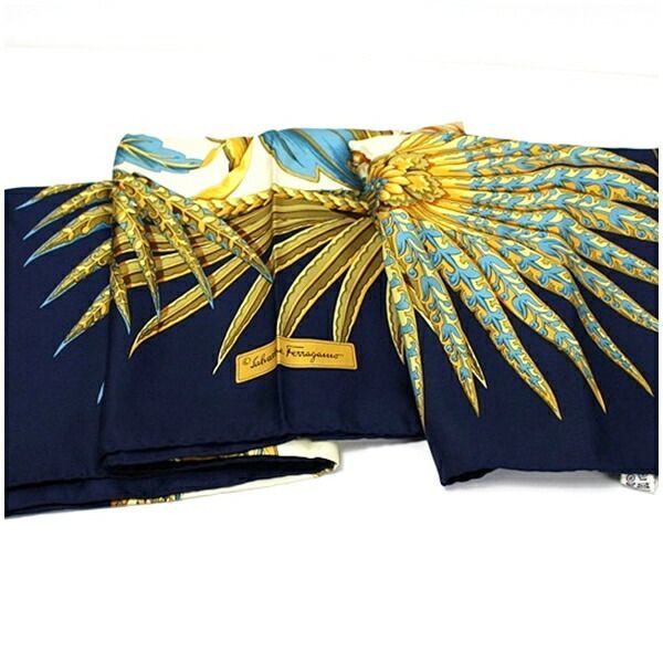 サルヴァトーレ フェラガモ シルク スカーフ ネイビー 虎柄 ヒョウ柄 中古 Aランク SALVATORE サルヴァトーレ フェラガモ シルク スカーフ ネイビー 虎柄 ヒョウ柄