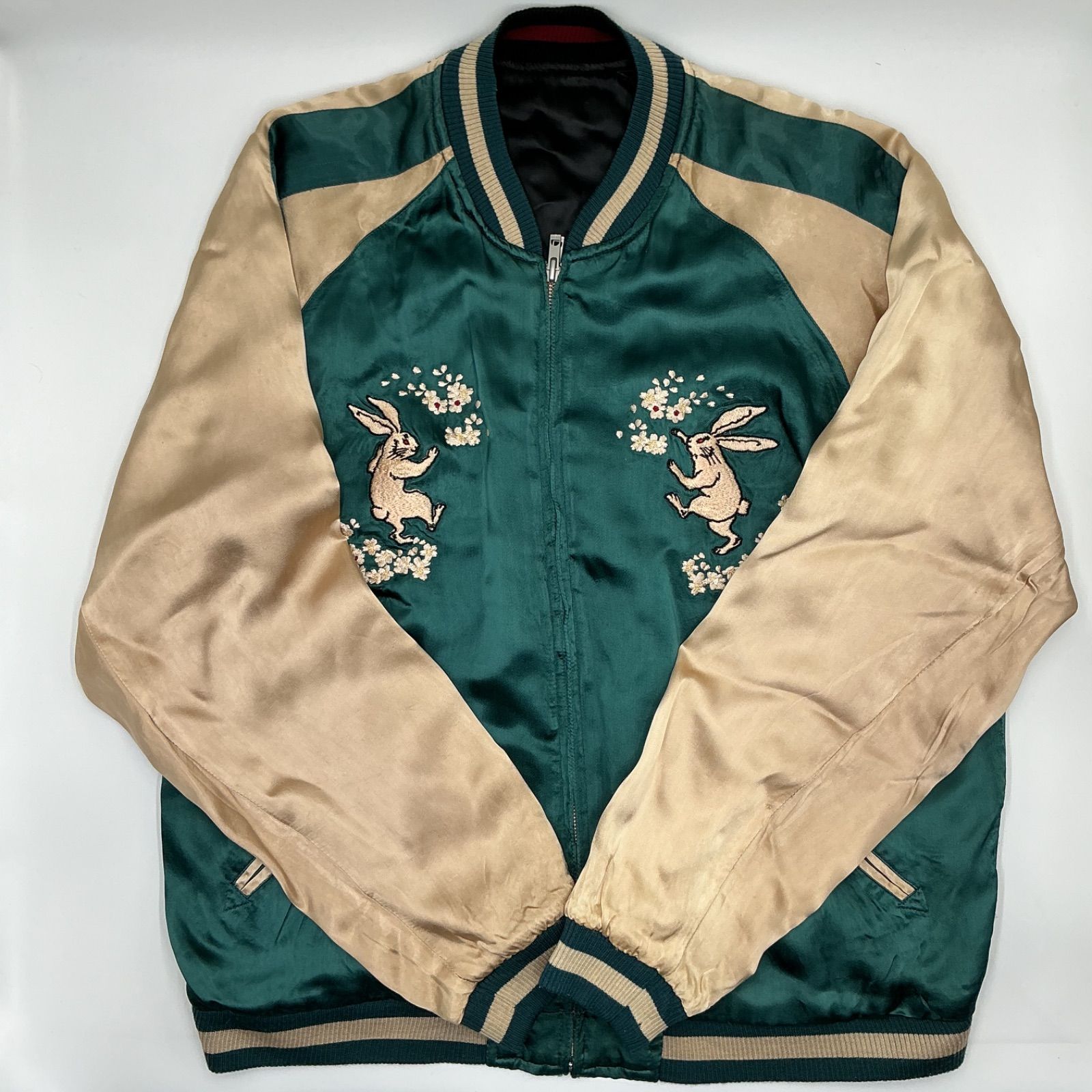 スカジャン|総刺繍|黒緑兎|見返り美人舞妓|リバーシブル|XLサイズ|百花繚乱