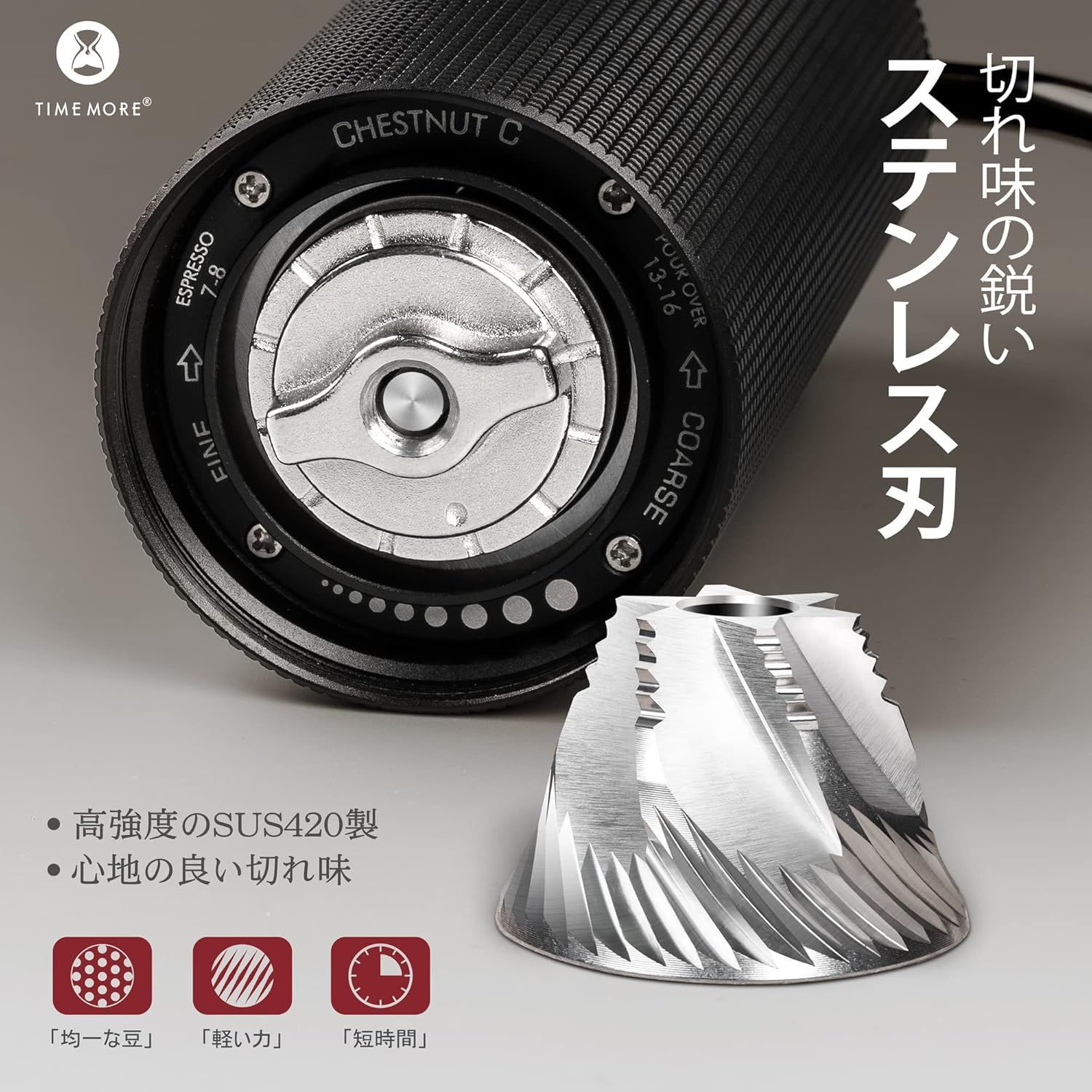 コーヒーミル 手動 タイムモア C 3 Max 手挽き コーヒー ミル ステンレス鋼円錐バリ 容量30 g 段階粗さ調整 軽量 省力性 Chestnut ブラック