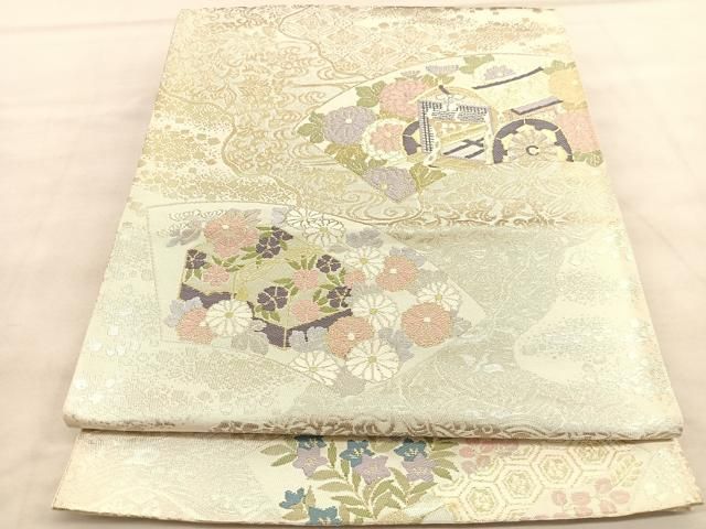 アイボリー 正絹(一部銀糸) 花唐草に丸文 古典文様 六通柄 袋帯 美品 アイボリー 正絹(一部銀糸) 花唐草に丸文 古典文様 六通柄 袋帯 美品