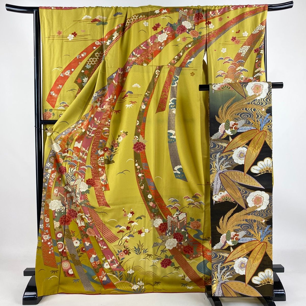 振袖 身丈171.5cm 裄丈70cm L 袷 袋帯フルセット 御所車 熨斗 金彩 からし色 正絹 秀品 【】