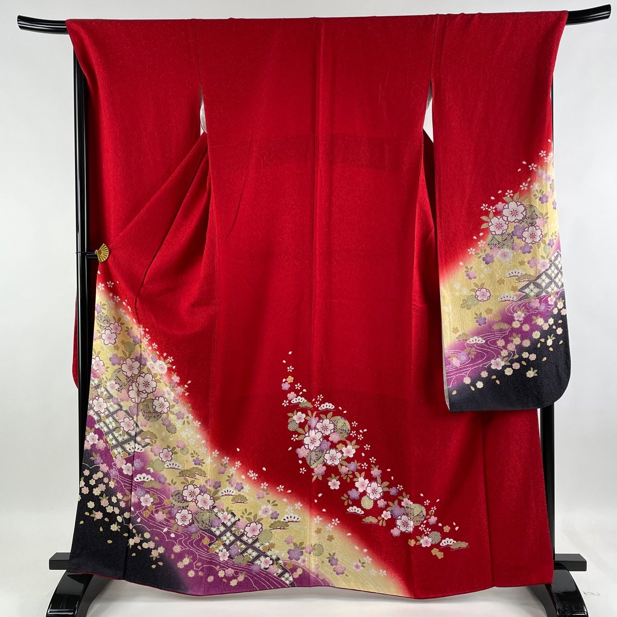 振袖 美品 名品 桜 花菱 金通し 染分け 赤 袷 身丈164cm 裄丈69.5cm L