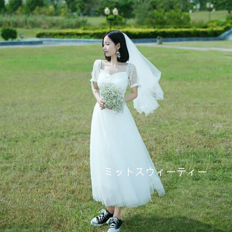 ウエディングドレス リゾートウェディング 半袖 ウェディングドレス 結婚式 二次会 ハネムーンフォト 白 披露宴 前撮り 後撮り 花嫁ドレス