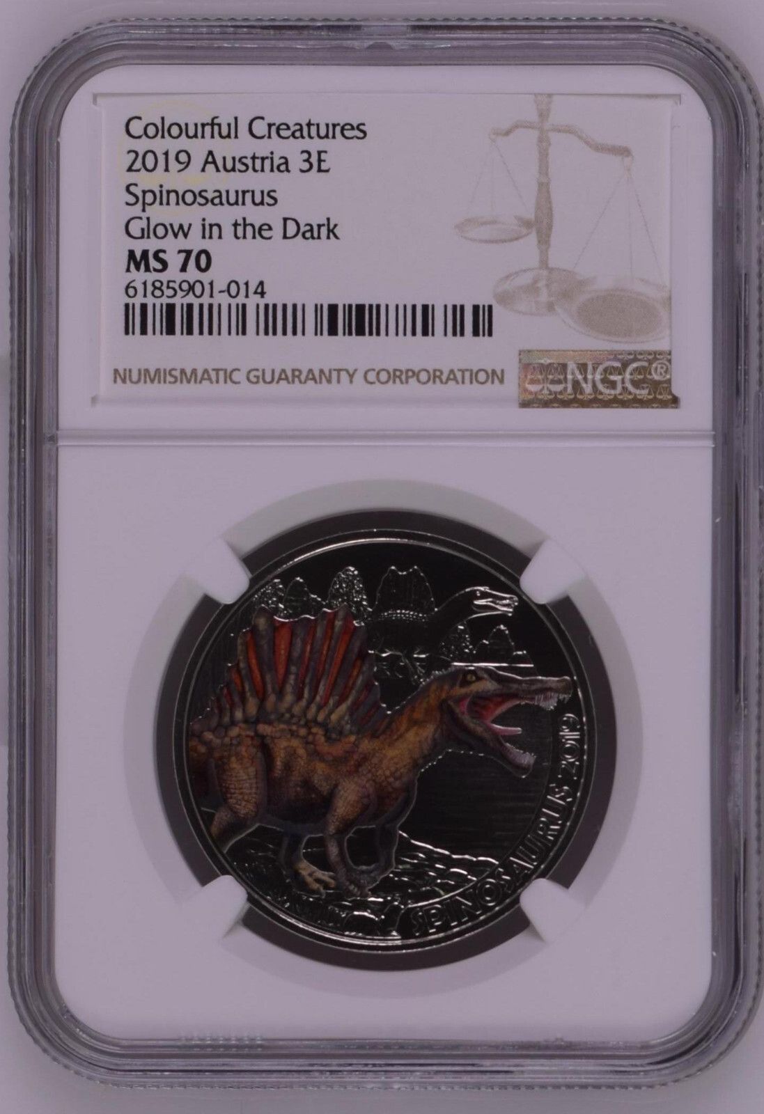NGC MS70 Atria 2019 Coin - Spinosaur - Glow in the Dark