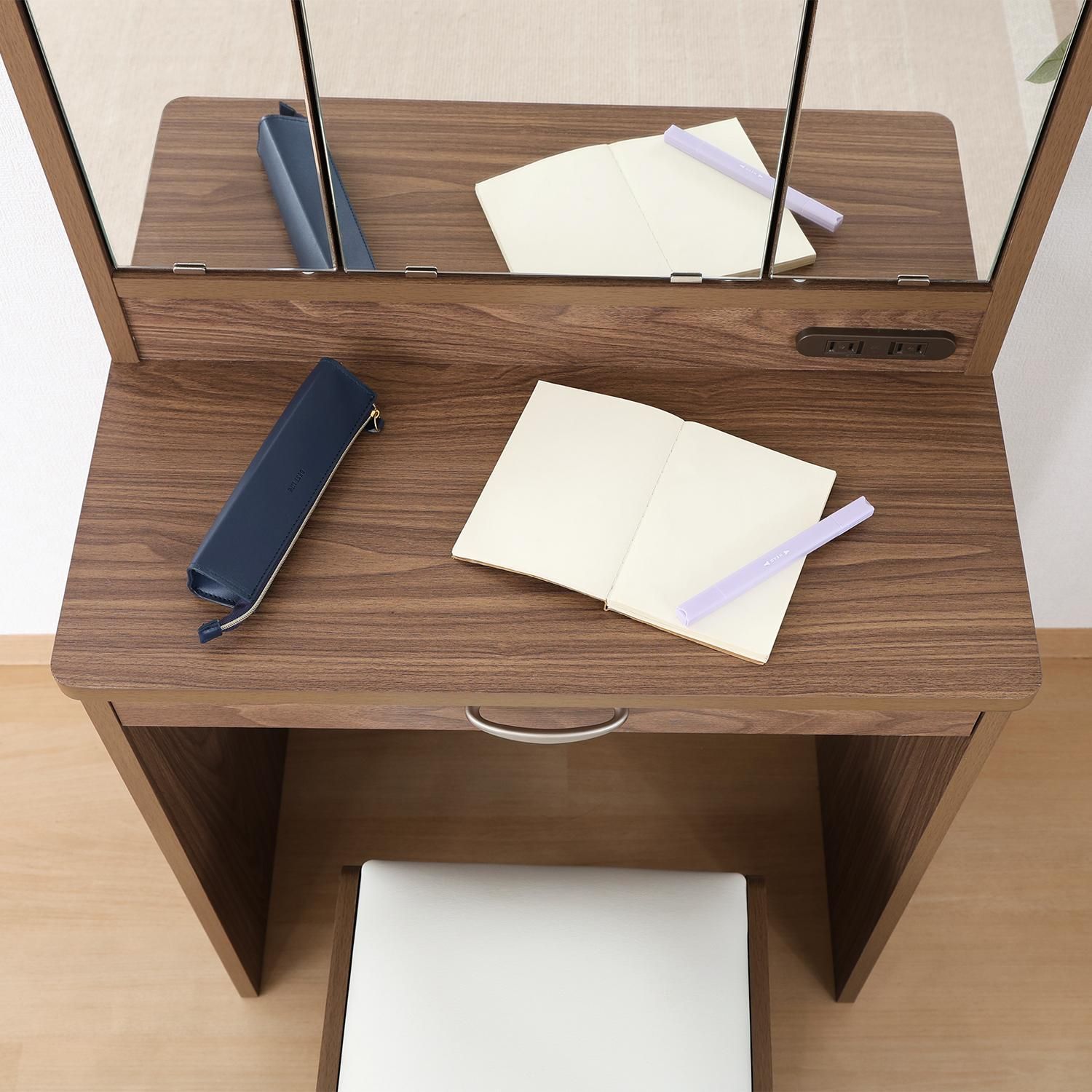 ３面鏡 ドレッサー スツール付 ブラウン 幅60cm 化粧台 メイク コンセント付 MARWIL-DEMENAGEMENTS_CH