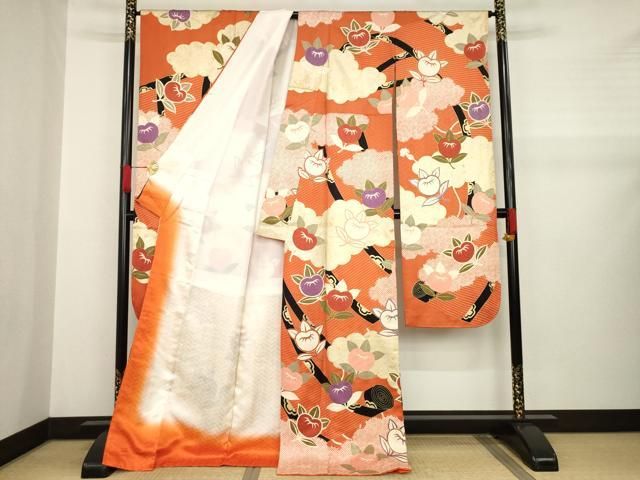 平和屋着物●十日町老舗ブランド　吉澤友禅　吾妻徳穂　振袖　駒刺繍　橘　金彩　ロング丈　正絹　逸品　AABA7952ck 平和屋着物○十日町老舗ブランド 吉澤友禅 吾妻徳穂 振袖 駒刺繍 橘