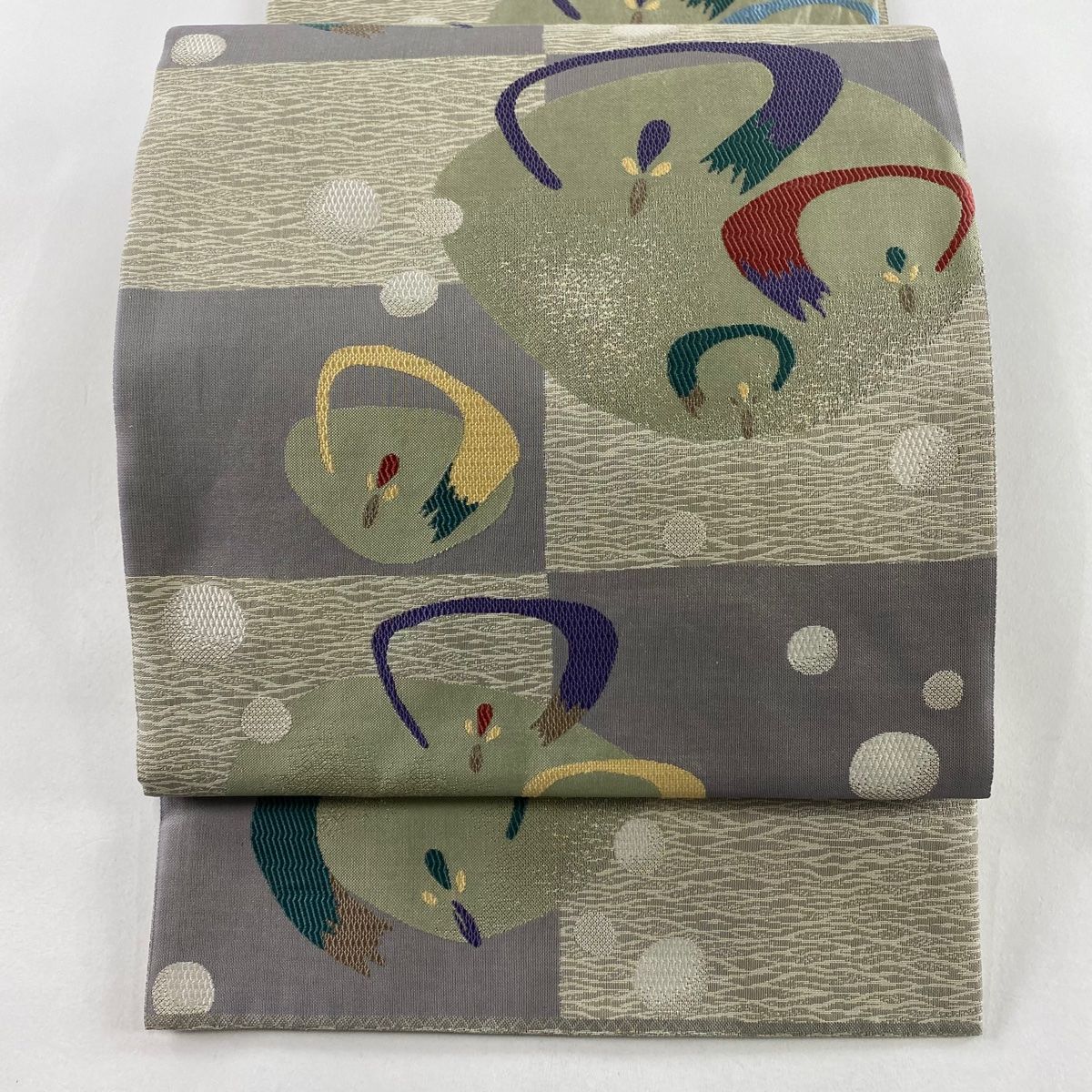 袋帯 秀品 変わり市松 幾何学模様 箔 灰緑 六通 正絹