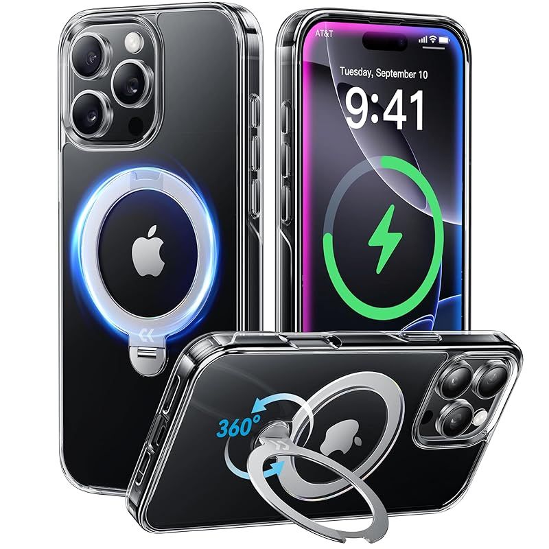 【透明な輝き＆360回転スタンド】CASEKOO iPhone 16 Pro 用ケース クリア 米軍規格保護 フィット感 MagSafe対応 25W急速充電 横縦両立 角度自在 微調整 超強磁力 耐衝撃 高耐久性 ラップホール付き 真空メッキ レンズ保護 0