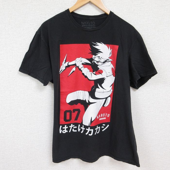 XL/古着 半袖 Tシャツ メンズ アニメ NARUTO ナルト疾風伝 はたけカカシ コットン クルーネック 黒 ブラック 24jun13 中古