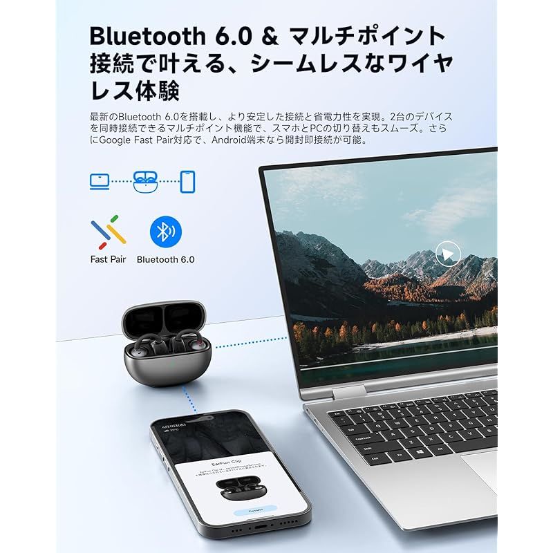  VGP 2025 SUMMER 金賞 EarFun Clip イヤーカフ イヤホン Bluetooth 6.0 LDACに対応 耳挟み式快適で安定した装着感 耳を塞がない 最大40時間連続再生 3 Dオーディオ 音漏れ防止とデュアルC型構造 物理 ワイヤレスイヤホン ワイヤレスイヤホン 骨伝導イヤホン