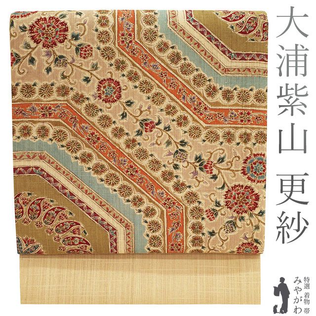 正絹生紬名古屋帯手描き金泥更紗大浦