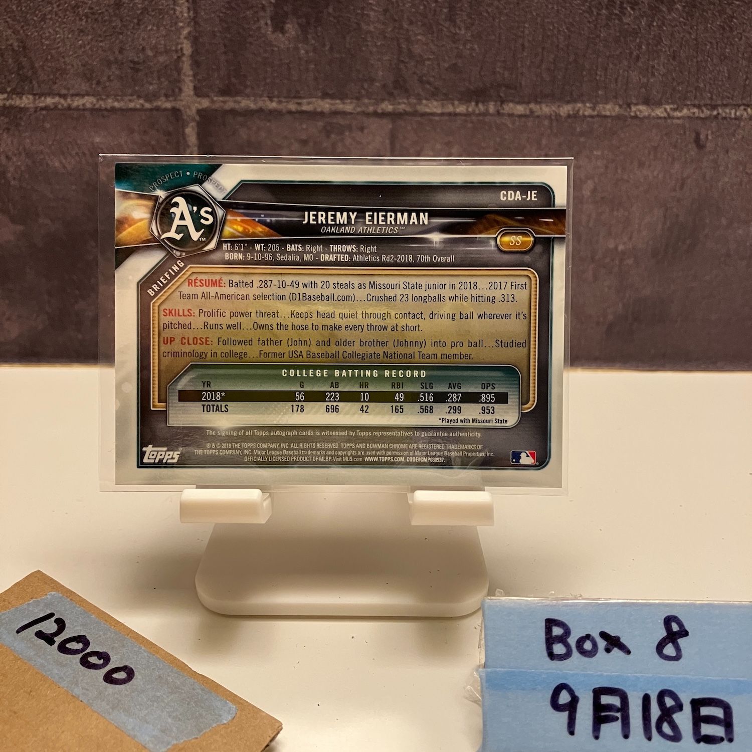 2018 Topps Bowman Chrome Jeremy Eierman 68 71 直筆サイン Oakland Athletics Speckle Refractor カード