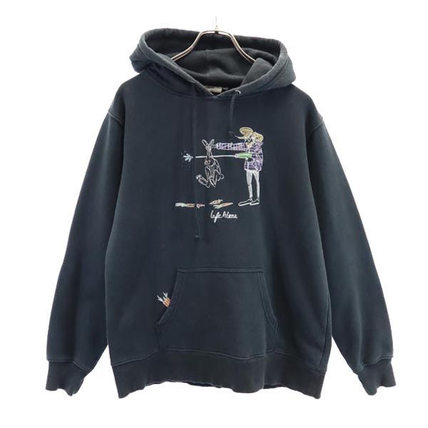 レフトアローン キャラクター刺繍 スウェットパーカー M 黒 LEFT ALONE 裏起毛 メンズ 【中古】  【230330】