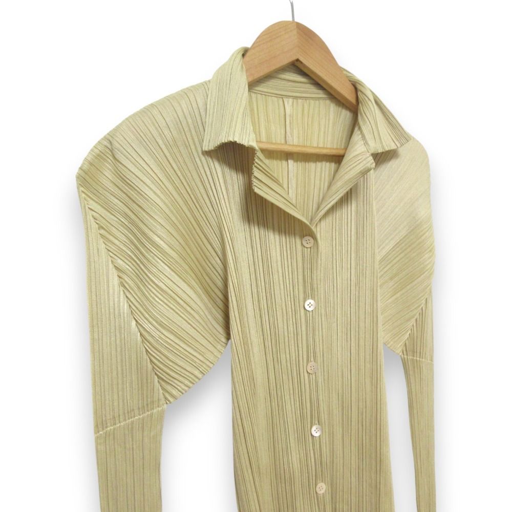 美品 PLEATS PLEASE プリーツプリーズ イッセイミヤケ ロングスリーブ シャツ ブラウス PP05-JJ001 サイズ3 イエローベージュ系 レディース 古着 中古 USED 美品 PLEATS PLEASE プリーツプリーズ イッセイミヤケ ロング