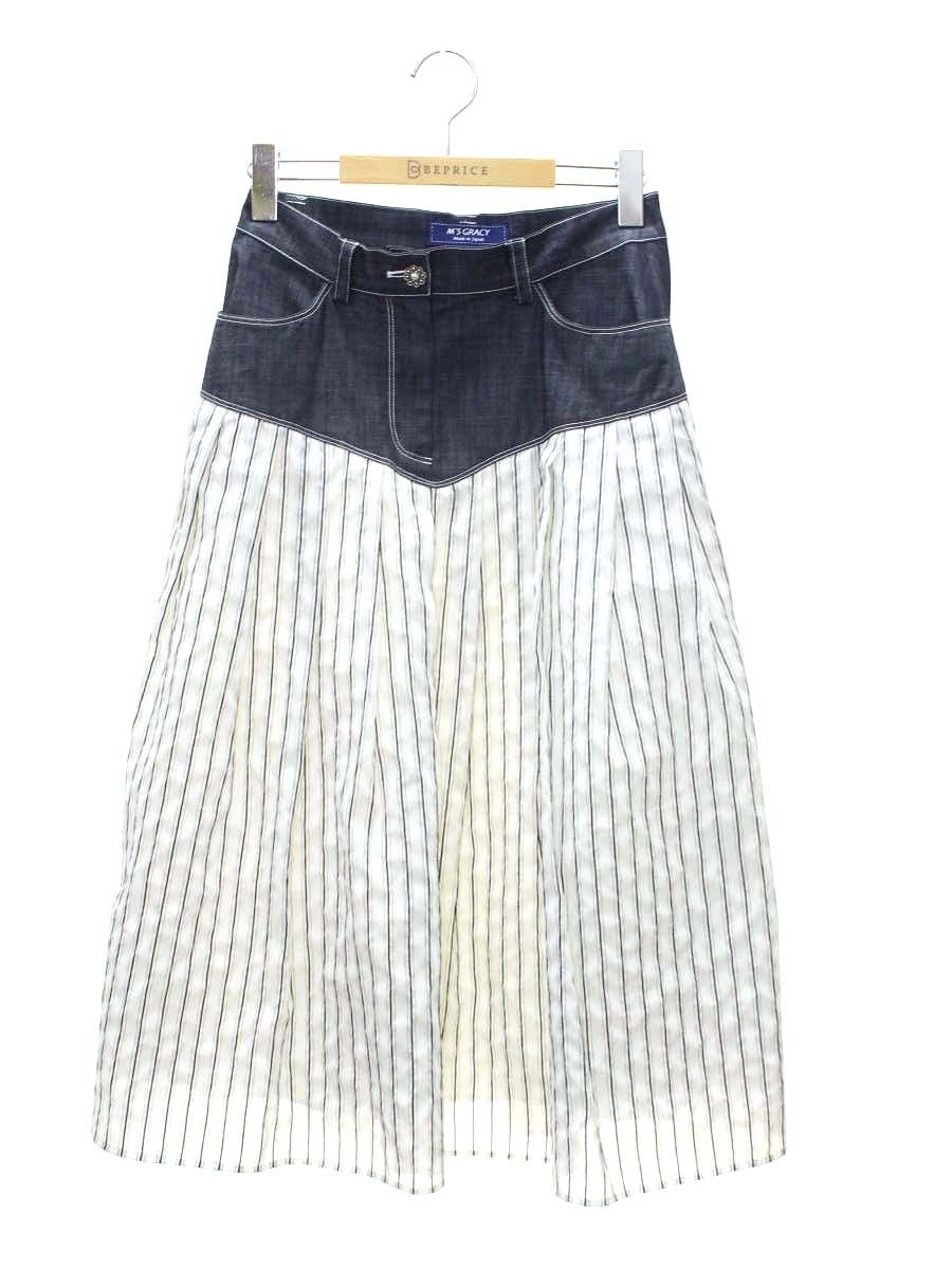 エムズグレイシー 417340 スカート 38 ネイビー ホワイト デニム ストライプ タックフ IT8U18KN1GG2