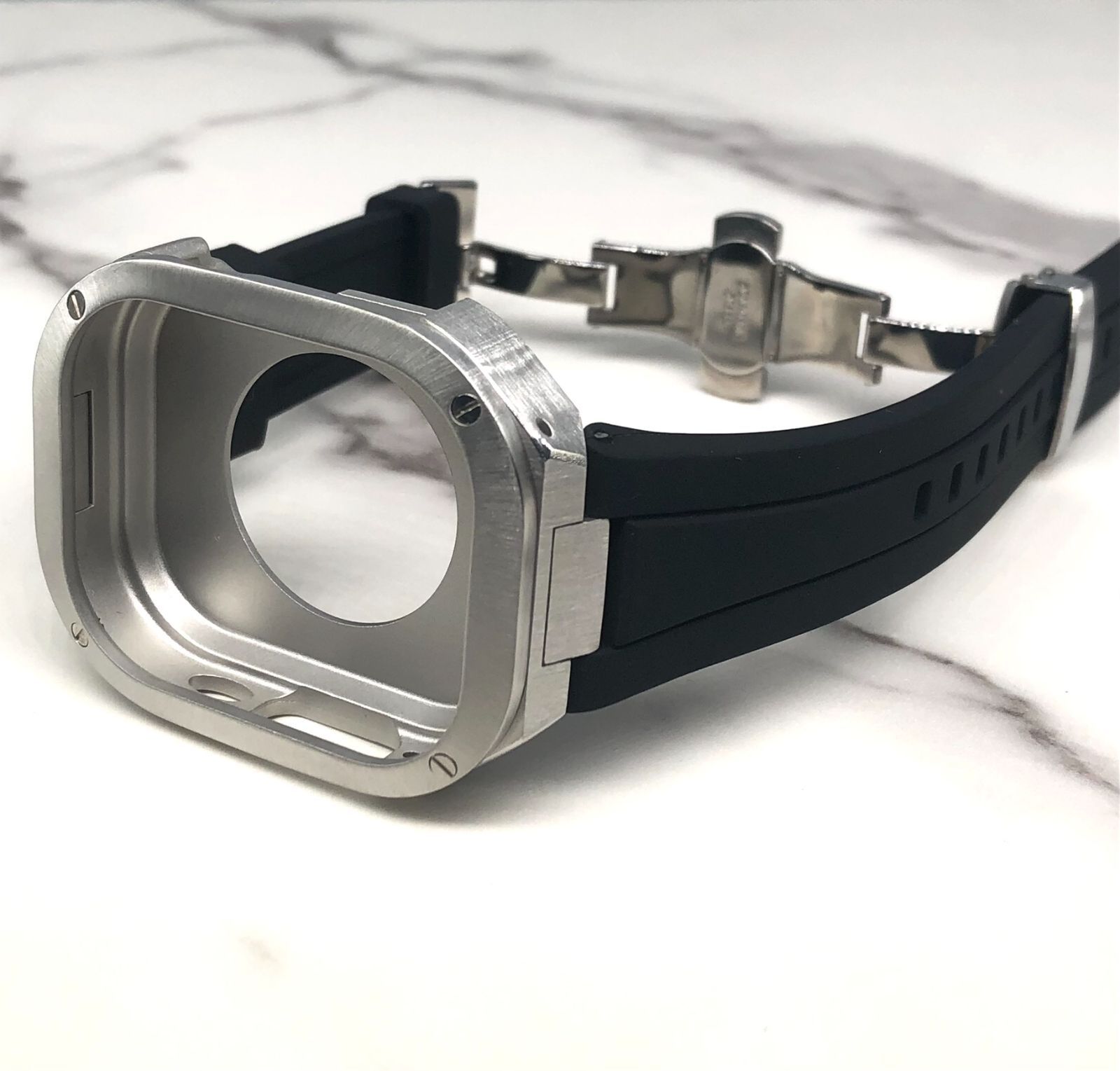 GimelZayin ブラック★アップルウォッチバンド ラバーベルト カバー ステンレス Apple Watch ケース 49mm ウルトラ
