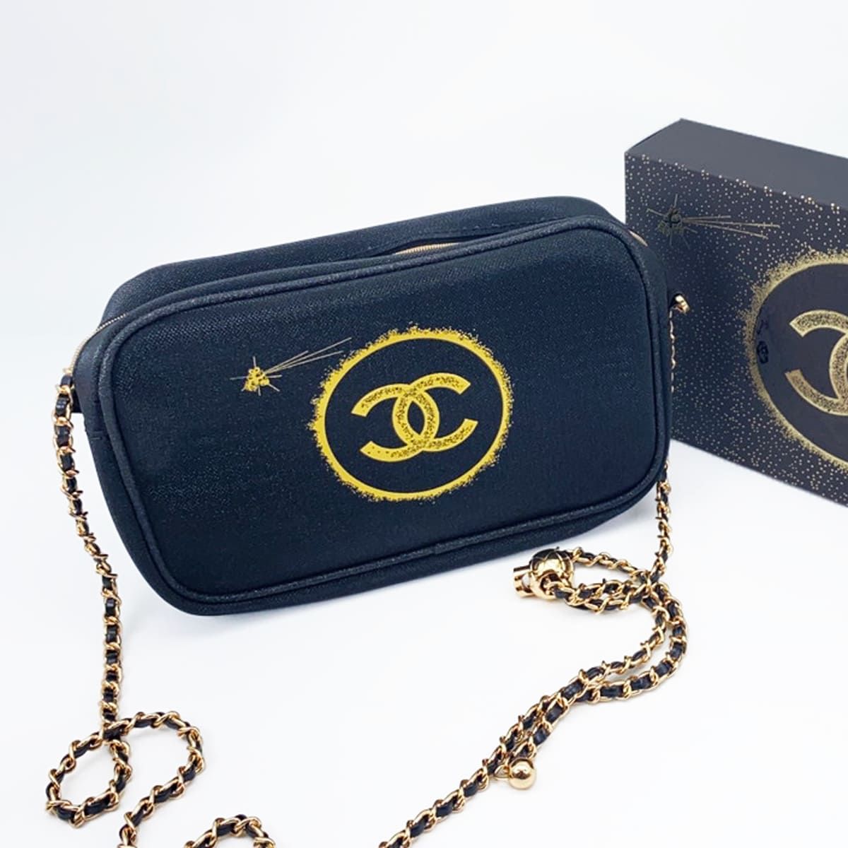 CHANEL シャネル ノベルティ チェーンショルダー ポーチ ラメ 黒