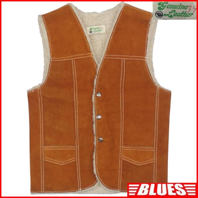 Genuine Leather ジェニュインレザー ムートンベスト XS 裏ボア 茶 70s