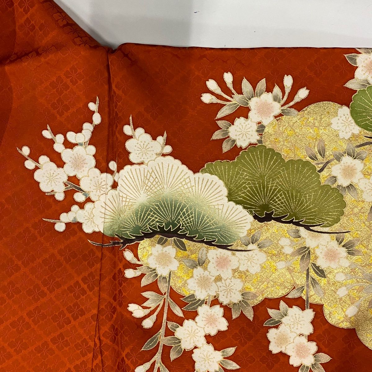 振袖 身丈163.5cm 裄丈67cm M 袷 牡丹 松竹梅 金糸 金銀彩 朱色