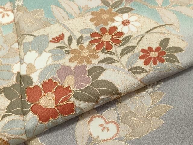 平和屋着物○訪問着 駒刺繍 流水鴛鴦草花文 暈し染め 金彩 正絹 逸品