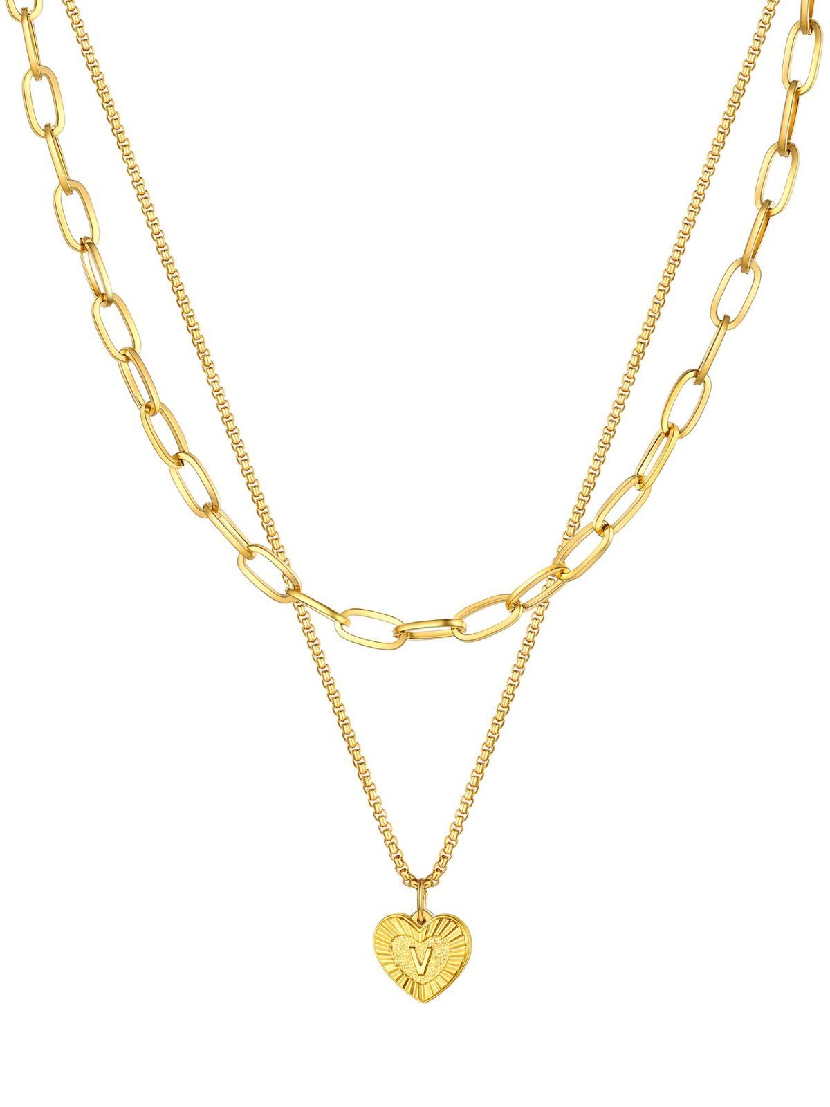 特価 ハート 2連ネックレス ステンレス ゴールド イニシャルA~Z