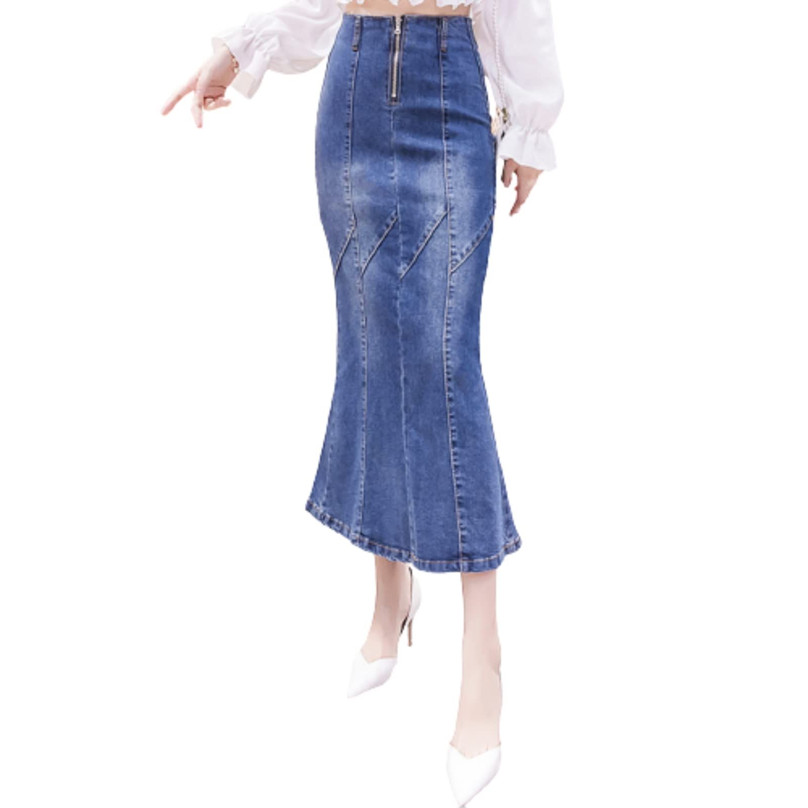 [Clove Cube] 【クローブキューブ】デニム スカート マーメイド 中厚手 タイト シルエット フリル ロング 丈 ハイウエスト フレア レディース ステッチ 春 夏 秋 ２色 (BLUE ブルー， XL エクストラ