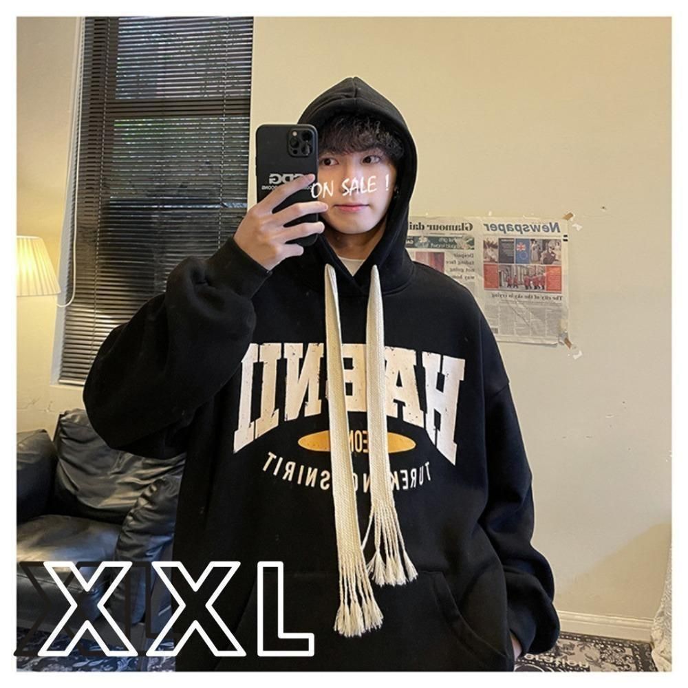 ロゴ 白刺繍 デザイン ブラック パーカー メンズ XXL レディース 韓国 