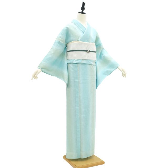 浴衣　夏着物　綿麻　近江縮風　新品未使用　躾付　居敷当付き　アイスコットン 夏物 近江ちぢみ 着物 未使用 縮み 綿麻 アイスブルー ベージュ