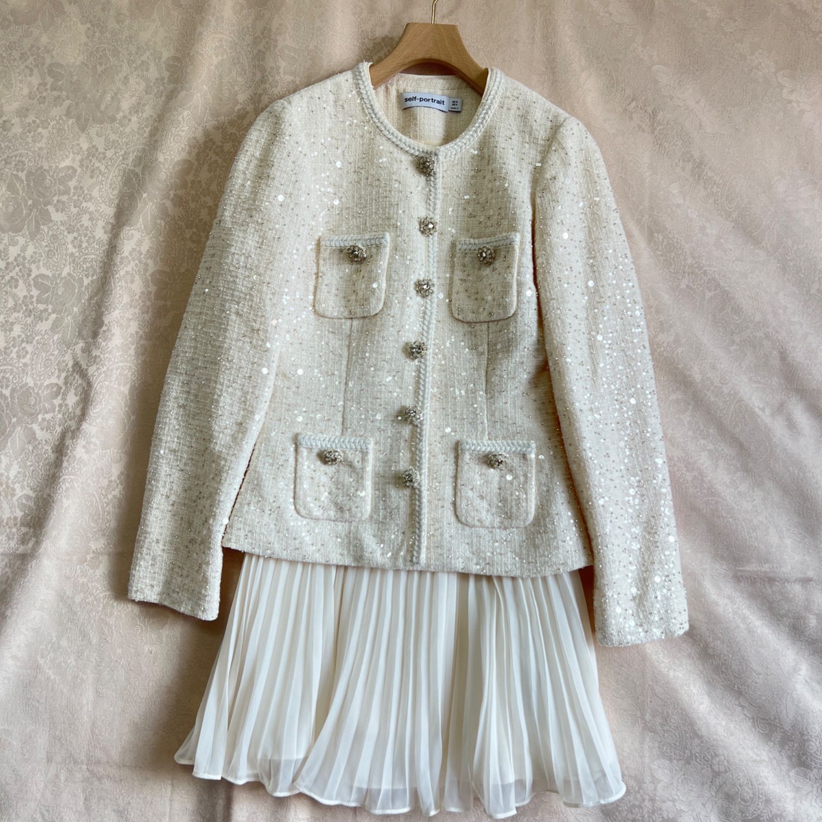 Self Portrait セルフポートレート ブークレスパンコール ミニドレス ツイード ジャケット風ワンピース プリーツスカート エレガント