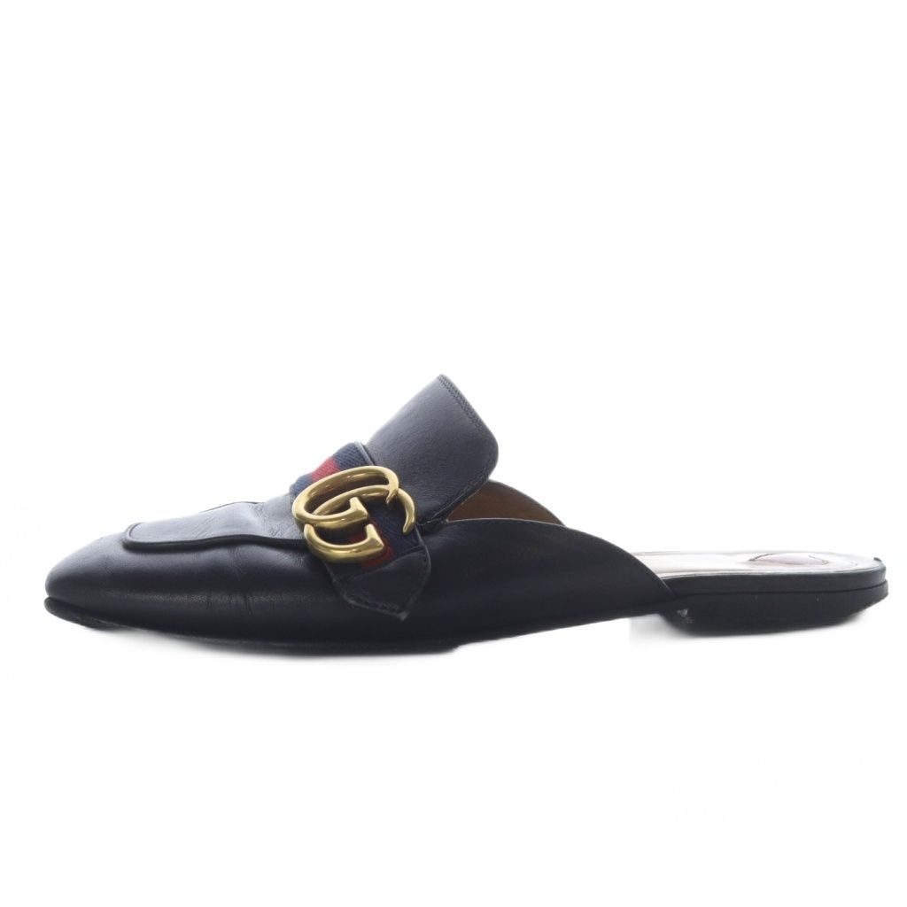 グッチ GUCCI シェリーライン プリンスタウン ダブルG GGマーモント スリッパ ミュール スクエア レザー 37 ブラック 423694 |YO10