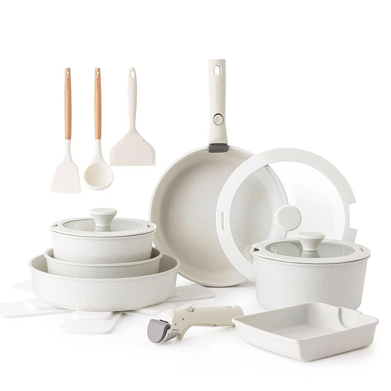 SENSARTE フライパン セット IH対応 ガス火対応 鍋セット 18点 取っ手のとれる 軽量 こびりつきにくい 鍋セット 卵焼き器 手入れ簡単 ホワイト 一年 0