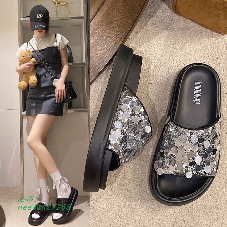 【偽造品10倍補償】公式正規品！スパンコールサンダル サンダル 柔らかい素材 ビーチサンダル コンフォートサンダル 厚底サンダル 靴  宅込 送料無料  nee4w427268 成長対応