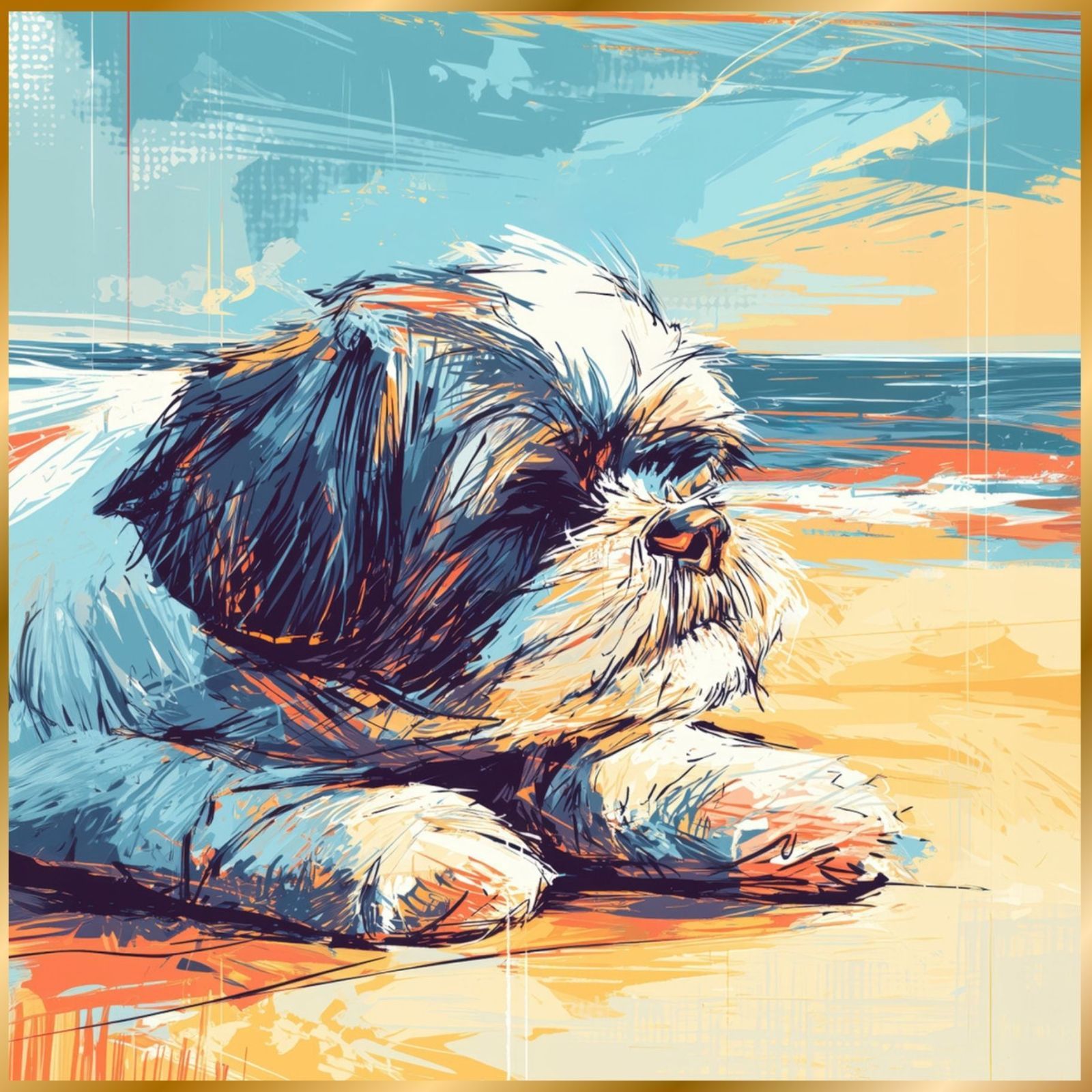 シーズー犬とビーチのスケッチ No.3 海 犬の絵 犬のイラスト おしゃれ ミニマリスト ミニマリズム シンプル インテリアアート ペットロス うちの子 記念日 アートポスター ギフト プレゼント