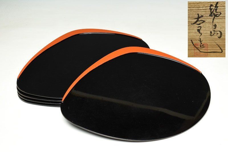 蔵A3121b 輪島塗 黒塗朱塗 蛤型 会席盆 吸物膳 五客 共箱 在銘有