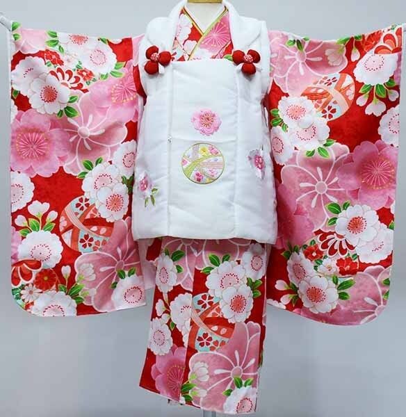 七五三 三歳 女児 被布着物フルセット 半衿伊達襟付き 花ひめ 合繊 3歳 3才 三才 かかと止め付き お仕立て無料 NO37018
