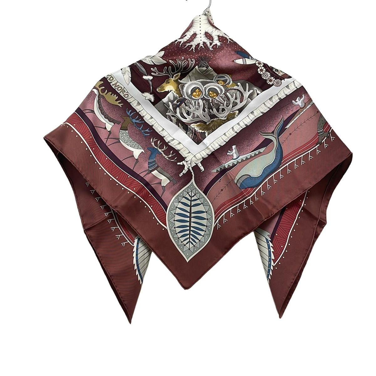 HERMES エルメス スカーフ カレ90 ボルドー×アイボリー×マルチ LA VIE DU GRAND NORD