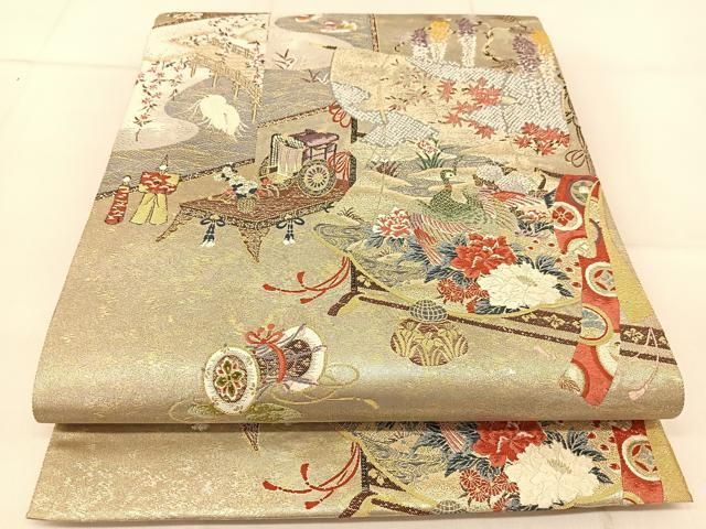 5k2492 袋帯　絹　唐織　孔雀麗華紋　銀色　白　赤　青　花柄　和装　着物 5k2492 袋帯 絹 唐織 孔雀麗華紋 銀色 白 赤 青 花柄 和装 着物