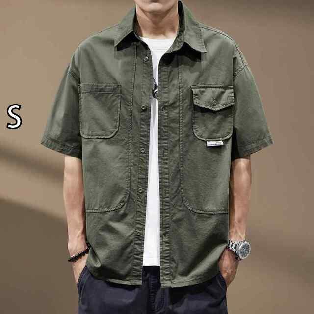 S 秋冬 コーデ メンズ 服 シンプル ファッション オシャレ 大人 かっこいい 大きいサイズ ストリート 紳士服 ハイエンド アメリカン ヘビー ミリタリーグリーン ワークウェア 半袖 シャツ カジュアル シャツ ジャケット