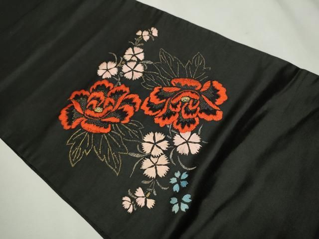黒地 鳥と花の刺繍 袋帯 帯 総刺繍 刺繍 黒茶系 茶系
