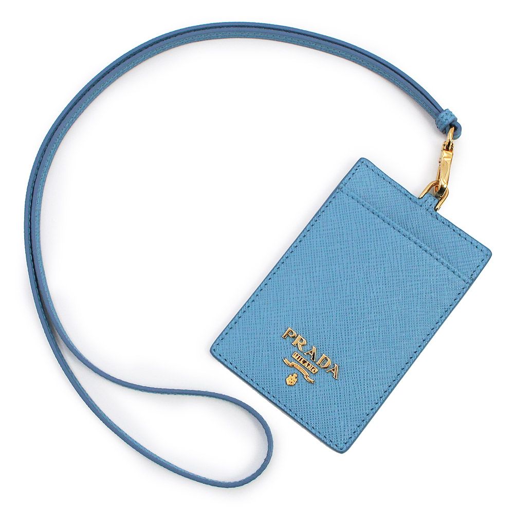 プラダ サフィアーノ メタル ネックストラップ付き パスケース レザー マーレ ライトブルー 青 ゴールド金具 1MC007 PRADA
