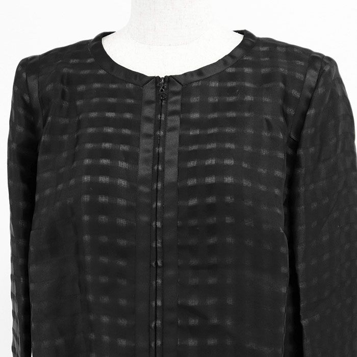 CHANEL シャネル ジャケット ジップアップ 09P P35576 2009年製 COCOマーク ロゴ チャーム シルク シアー チェック柄 グログラントリム 丸首 レディース 42 ブラック 黒 フランス製 カール ラガーフェルド期