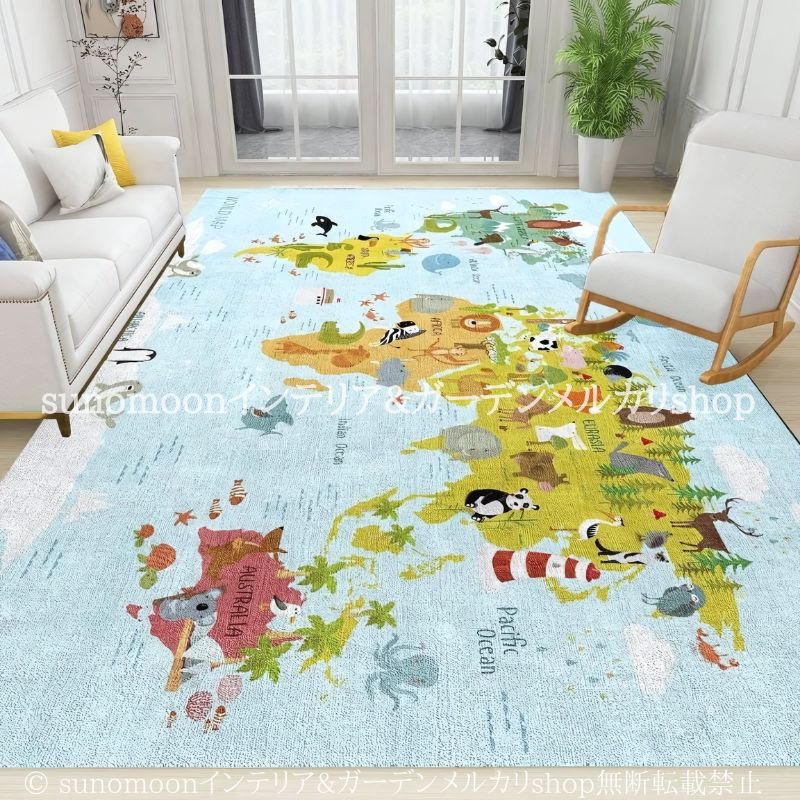 世界地図 カーペット 大陸 海 動物 アニマル 240cm 200cm 180cm 絨毯 ラグ おしゃれ かわいい インテリア リビング 寝室 子ども部屋 滑り止め付き