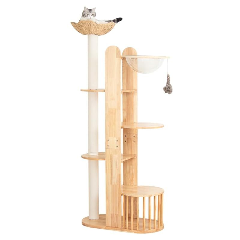なになにLIFE キャットタワー 木製 大型猫 おしゃれ 天然木 据え置き 大型 スポット インテリア性 多頭飼い スリム 見晴台 猫タワー 宇宙船 クリアボウル 中型猫 爪研ぎ ハンモック 天然麻紐 高さ190cm 安定 運動不足解消 コーナー適用 1