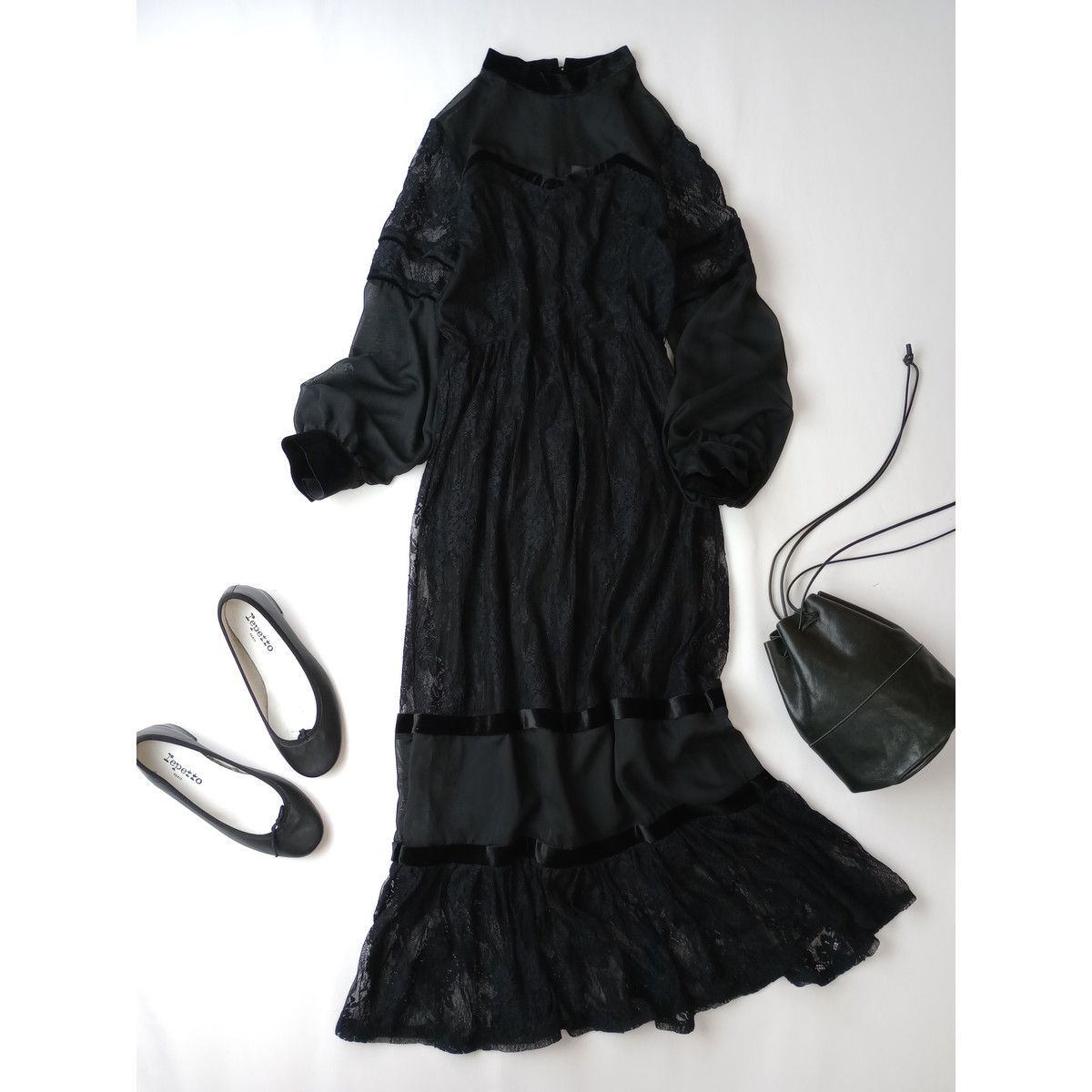 AMERI アメリヴィンテージ SHEER LACE DRESS レース ドレス ワンピース ロング 黒 ブラック (99K+7104) 24H