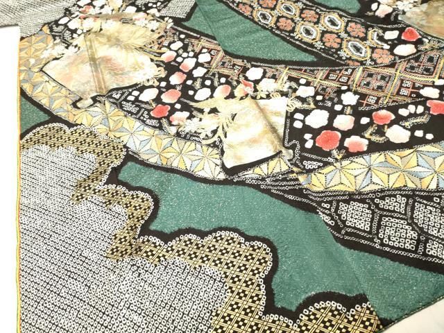 平和屋着物●豪華振袖・長襦袢セット（無双仕立て）　絞り　鳳凰扇面草花文　金銀彩　正絹　逸品　DAAT1085tw 平和屋着物○豪華振袖・長襦袢セット（無双仕立て） 絞り 鳳凰扇面草花